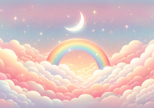 Rainbow Mural Wallpaper | Pink Clouds, Stars, and Crescent Moon