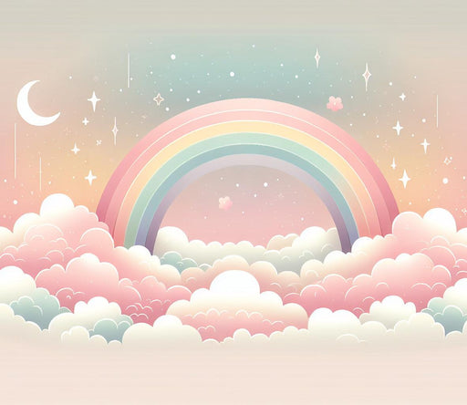Rainbow Mural Wallpaper | Pink Clouds, Stars, Rainbow Crescent Moon