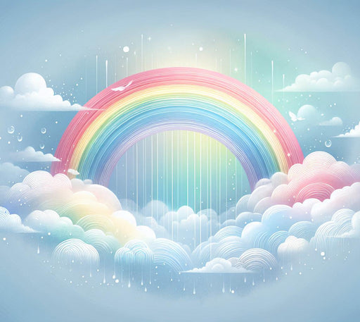 Rainbow Mural Wallpaper | Clouds, Rainbow with Rain on Blue Background