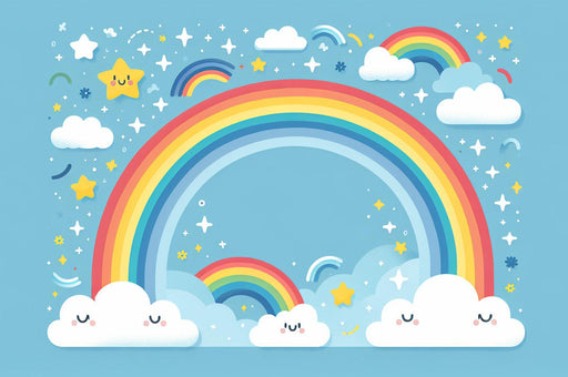 Rainbow Mural Wallpaper | Clouds, Stars on Blue Background