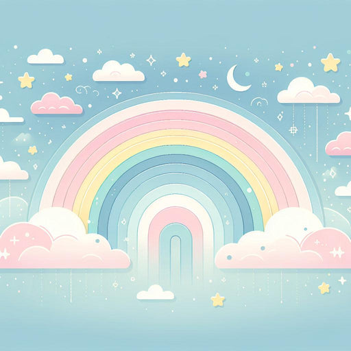 Rainbow Mural Wallpaper | Clouds, Stars, Moon Crescents, and Blue Background