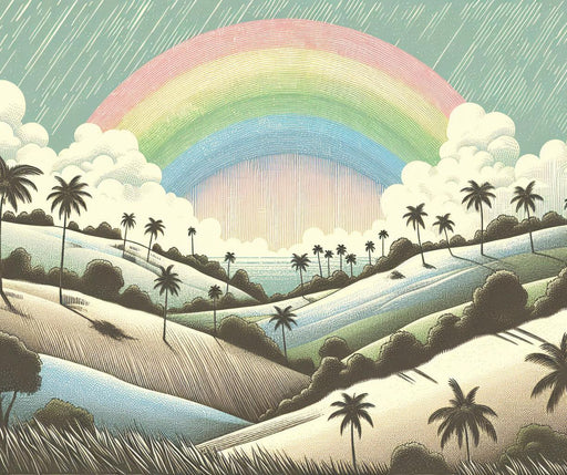 Rainbow Mural Wallpaper | Tropical Valley with Colorful Rainbow in the Background