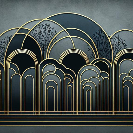 Art Deco Mural Wallpaper | Golden Arch and Tree Silhouette on Blue Background