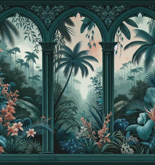 Art Deco Mural Wallpaper | Tropical Arch with Palm Trees and Foliage