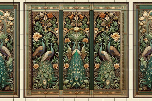 Art Deco Mural Wallpaper | Vintage Cement Tiles with Peacock and Foliage