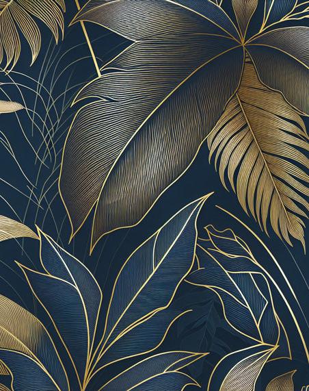 Art Deco Mural Wallpaper | Golden Botanical Composition on Midnight Blue Background