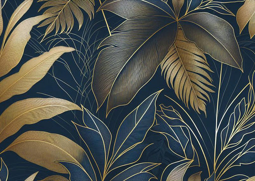 Art Deco Mural Wallpaper | Golden Botanical Composition on Midnight Blue Background