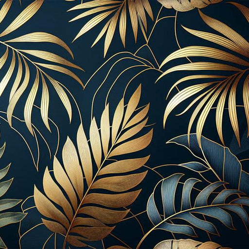 Art Deco Mural Wallpaper | Golden Foliage on a Night Blue Background Design