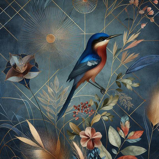 Art Deco Mural Wallpaper | Bird and Gilding on Aged Vintage Blue Background