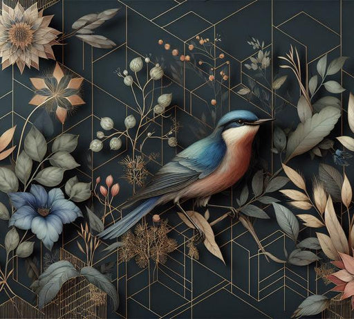 Art Deco Mural Wallpaper | Vintage Bird, Flower, and Foliage with Gilding