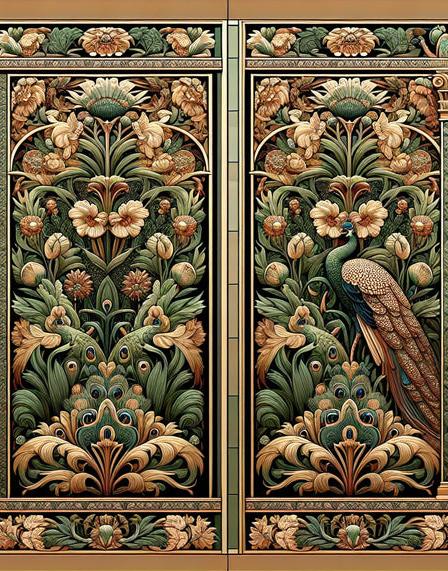 Art Deco Mural Wallpaper | Peacock and Various Golden and Green Foliage