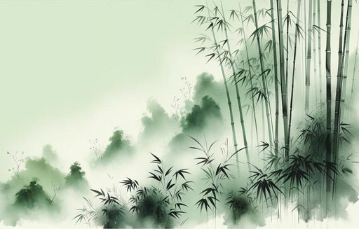 Bamboo Mural Wallpaper | Green Chinese Ink and Watercolor Bamboo Forest Style
