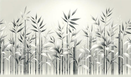 Black and White Bamboo Mural Wallpaper | Illustration of Bamboo Stems with Foliage