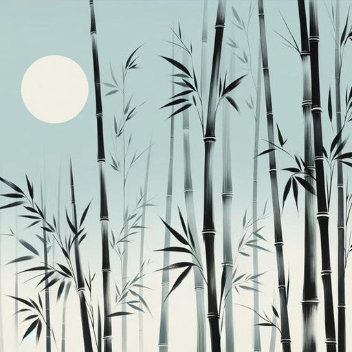 Bamboo Mural Wallpaper | Black Bamboo Stems on a Bluish Background with Full Moon