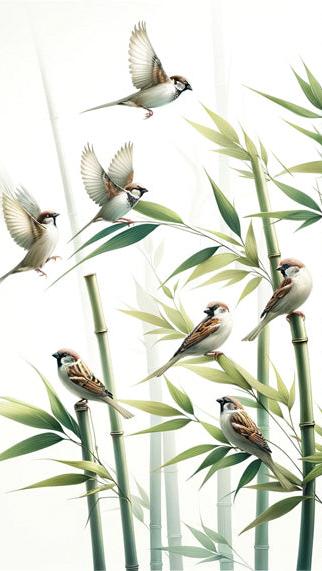 Green Bamboo Mural Wallpaper | Realistic Birds and Bamboo Leaves