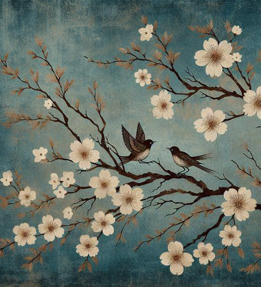 Japanese Cherry Blossom Mural Wallpaper | Midnight Blue with Aged Background and White Cherry Blossom Flowers