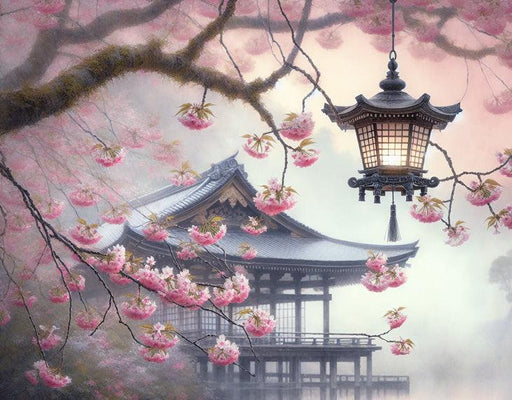 Japanese Cherry Blossom Mural Wallpaper | Traditional Japanese Cabin with Lantern