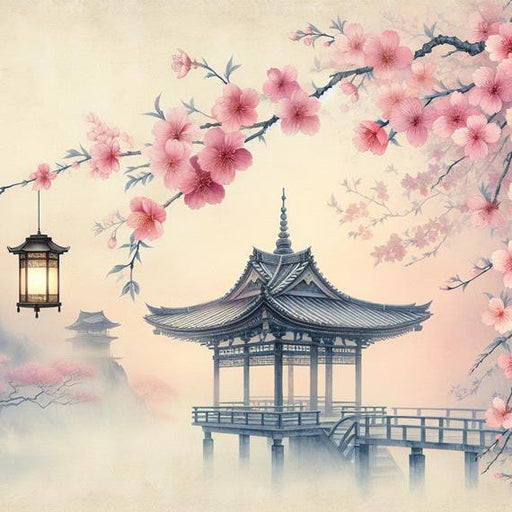 Japanese Cherry Blossom Mural Wallpaper | Japanese Cabin, Lantern, and Wooden Pier
