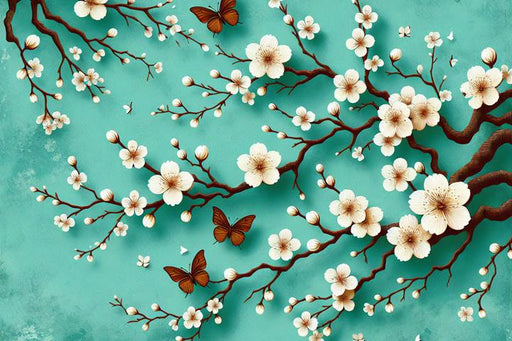 Japanese Cherry Blossom Mural Wallpaper | White Cherry Blossoms with Brown Butterflies on a Seafoam Green Background