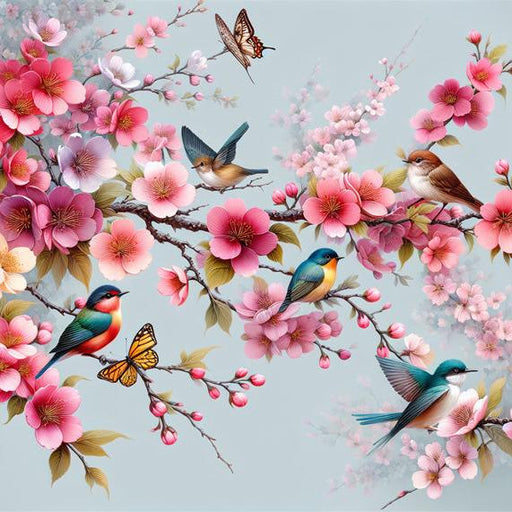 Japanese Cherry Blossom Mural Wallpaper | Multicolored Cherry Blossoms and Birds