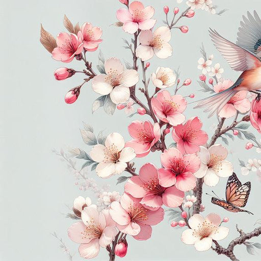 Japanese Cherry Blossom Mural Wallpaper | Pink and White Cherry Blossoms with Birds