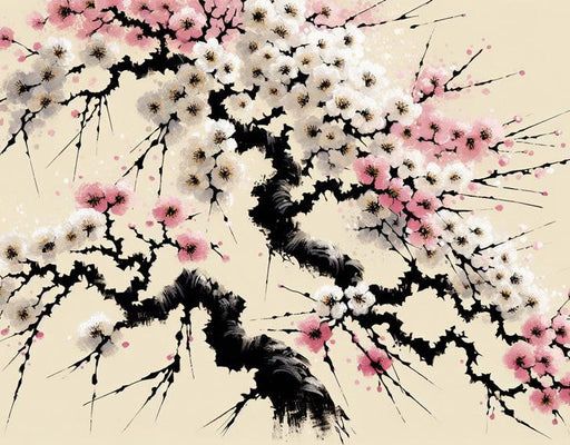 Japanese Cherry Blossom Mural Wallpaper | Beige Background with Pink and White Cherry Blossoms