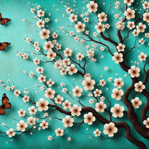 Japanese Cherry Blossom Mural Wallpaper | Aged Blue Background with Butterflies and White Cherry Blossom Flowers