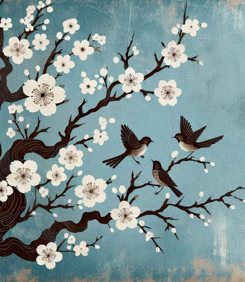 Japanese Cherry Blossom Mural Wallpaper | Aged Blue Background in Oil Painting Style with Birds and White Flowers
