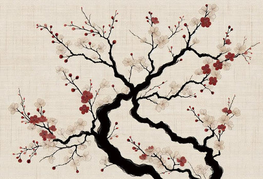 Japanese Cherry Blossom Mural Wallpaper | Vintage-style Woven Background with Red Flowers