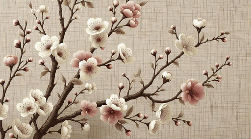 Japanese Cherry Blossom Mural Wallpaper | Vintage Woven Background with Pink and White Flowers
