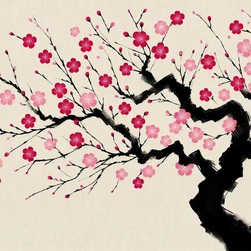 Japanese Cherry Blossom Mural Wallpaper | Vintage Woven Background with Repetitive Red Cherry Blossom Flowers