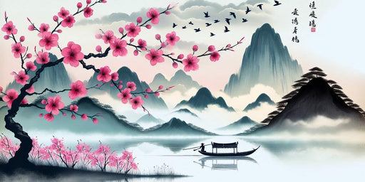 Japanese Cherry Blossom Mural Wallpaper | Zen Lake and Pink Cherry Blossoms Amidst the Mountains