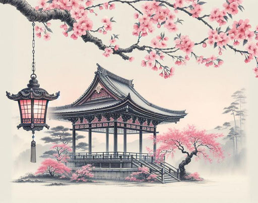 Japanese Cherry Blossom Mural Wallpaper | Lantern and Traditional Japanese Hut