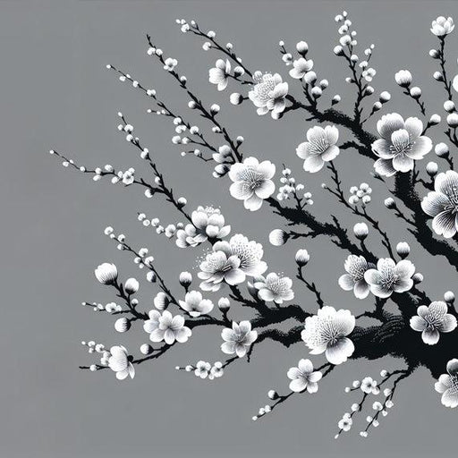 Black and White Japanese Cherry Blossom Mural Wallpaper | Black Trunk and White Flowers on Gray Background