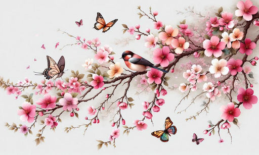 Japanese Cherry Blossom Mural Wallpaper | Birds and Butterflies on Pink Cherry Blossom Branches