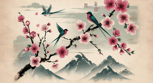 Japanese Cherry Blossom Mural Wallpaper | Birds, Mountains, and Pink Cherry Blossoms