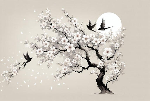 Japanese Cherry Blossom Mural Wallpaper | Birds, Full Moon, and White Cherry Blossoms