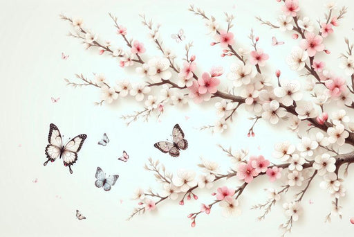 Japanese Cherry Blossom Mural Wallpaper | Pink and White Butterflies and Flowers
