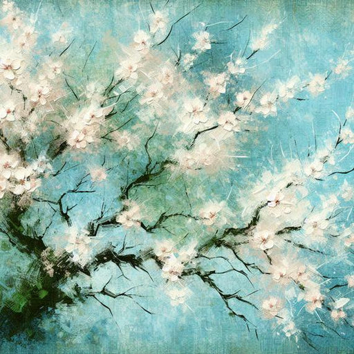 Japanese Cherry Blossom Mural Wallpaper | Oil Painting of a White Cherry Blossom Tree