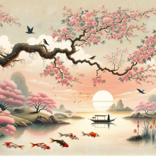 Japanese Cherry Blossom Mural Wallpaper | Mountainous Relief with Calm Lake and Koi Carp