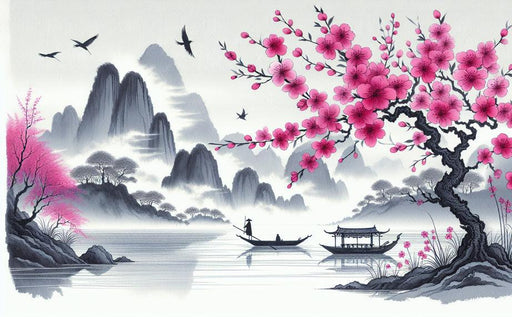 Pink Zen Japanese Cherry Blossom Mural Wallpaper | Birds, Tranquil Lake, and Mountainous Terrain