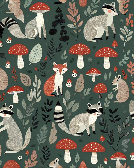 Fox Mural Wallpaper | Forest with Mushrooms, Flowers, and Animals