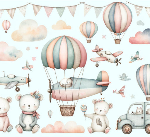 Hot Air Balloon Mural Wallpaper | Forest Animals with Multicolored Clouds