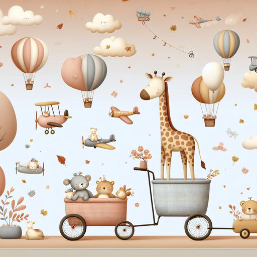 Hot air balloon Mural Wallpaper | Animals, clouds, and savannah in neutral tones
