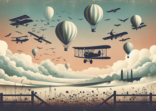 Hot Air Balloon Mural Wallpaper | Airplanes and Hot Air Balloons Seen from a Meadow
