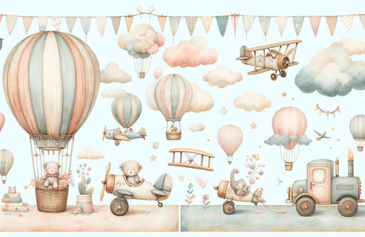 Hot Air Balloon Mural Wallpaper | Airplanes, Clouds, and Little Bears