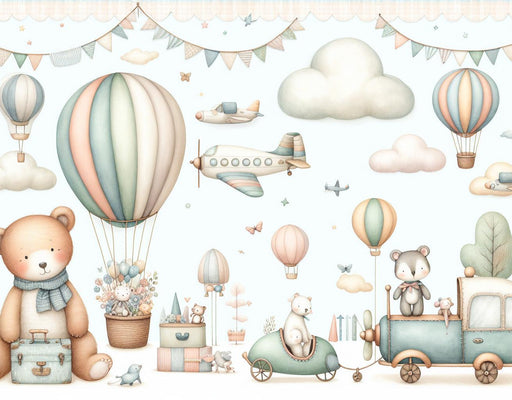 Hot Air Balloon Mural Wallpaper | Airplanes, Clouds, and Teddy Bears