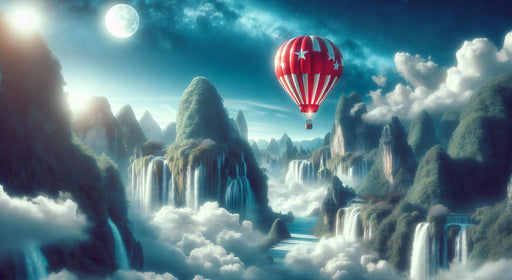 Hot Air Balloon Mural Wallpaper | Red Star Balloon in Majestic Waterfalls