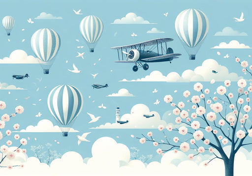 Hot Air Balloon Mural Wallpaper | Blue and White Balloons with Airplanes and Cherry Blossom