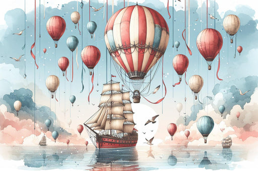 Hot Air Balloon Mural Wallpaper | Pirate Ship and Colorful Hot Air Balloons